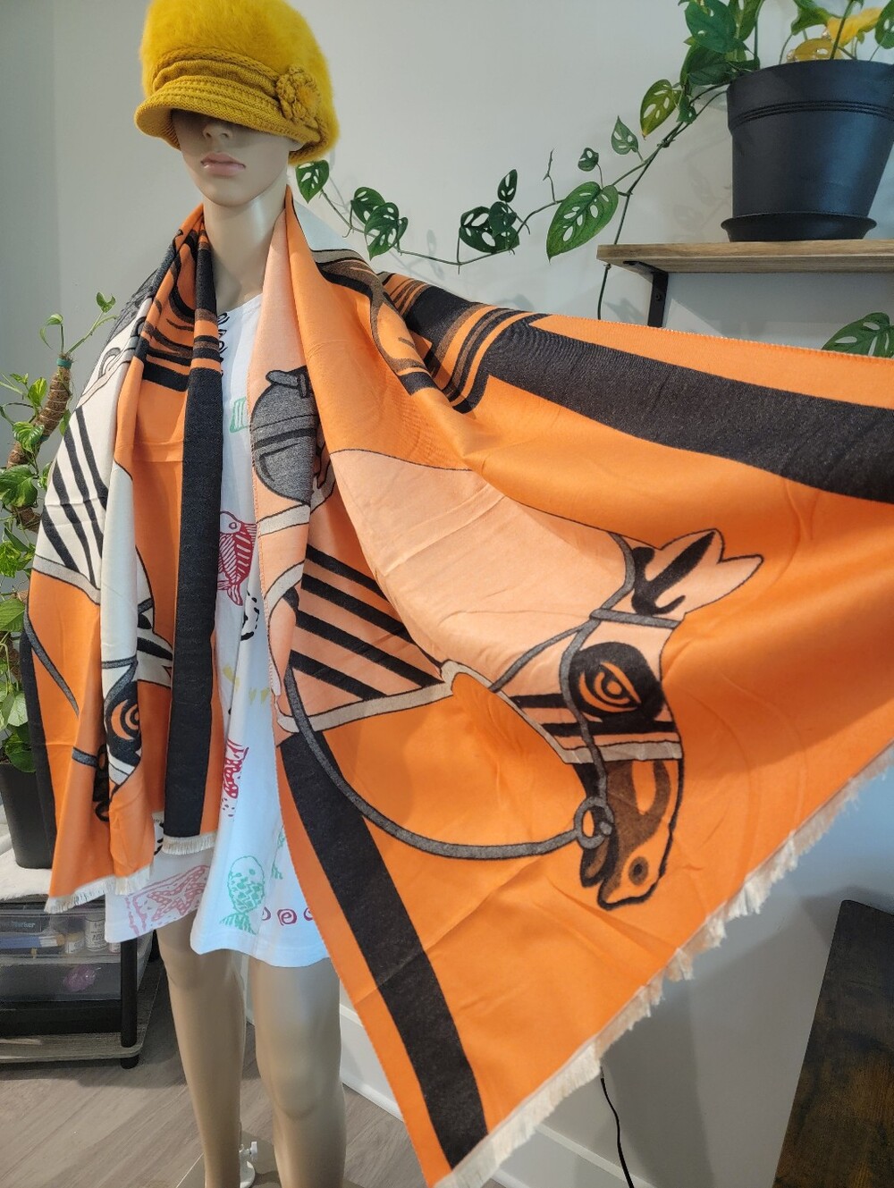 Stylish Equestrian Patterned Shawl Wrap Scarf Open Poncho Cape